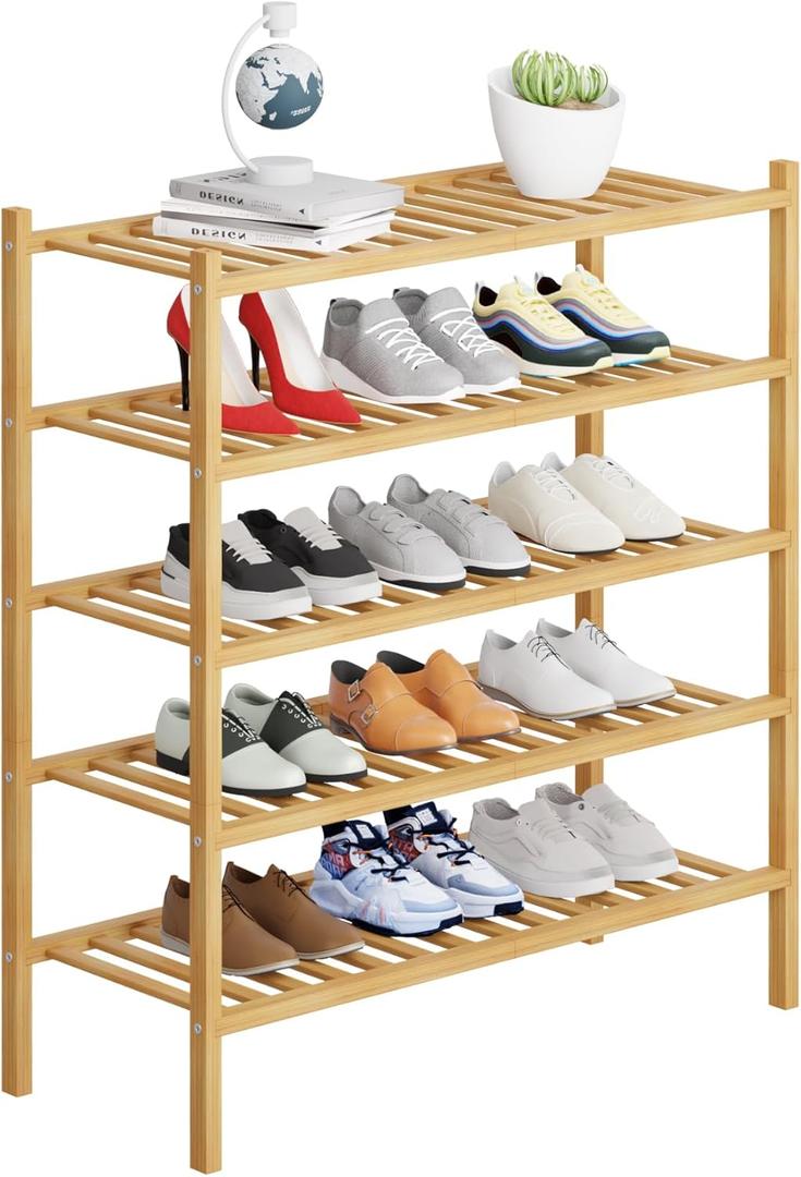 5 Tier Bamboo Shoe Rack Storage Organizer for Closet, Multifunctional Stackable Free Standing Shoe Shelf Organizer for Small Space, Entryway, Hallway, Bathroom 27"x11"x32"(Natural, 5 Tier)