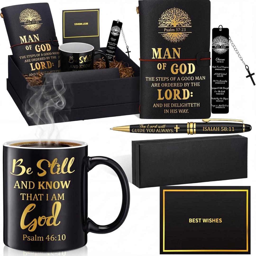 Shellwei 6 Pcs Christian Gift for Men Pastor 11 oz Mugs Leather Bible Notebook Pen Metal Bookmark Greeting Card Box Religious Gifts for for Sunday Pastors Birthday Church(Man of God,Black)