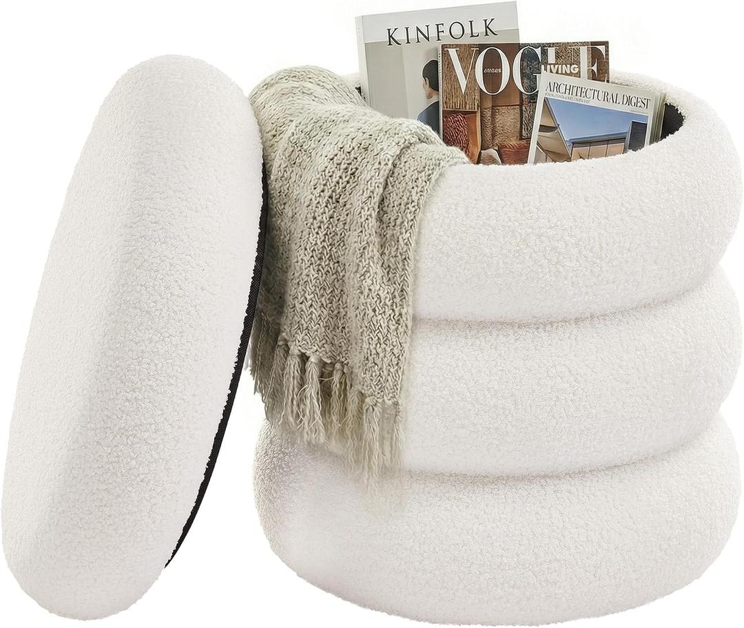 SONGMICS Vanity Stool, Round Ottoman with Storage, Upholstered Foot Stool, Removable Lid, for Living Room, Bedroom, Easy Assembly, 16.9 x 16.9 x 18.5 Inches, Teddy Fleece, White ULOM015WD01