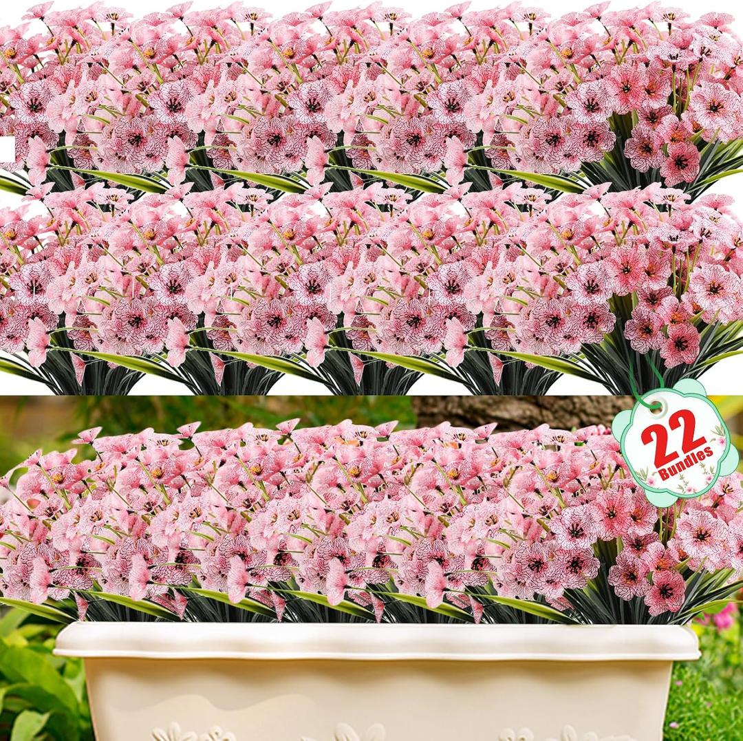22 Pack Artificial Flowers Outdoor Fake Plants, Faux Flowers UV Resistant with Plastic Plants, Faux Silk Flowers for Outdoors Outside Front Porch Hanging Planter Window Box Garden Decoration(Pink)
