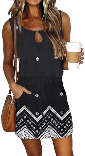 Womens Summer Causal Loose Sleeveless Crew Neck Drawstring Waist Mini Short Dress with Pockets, L