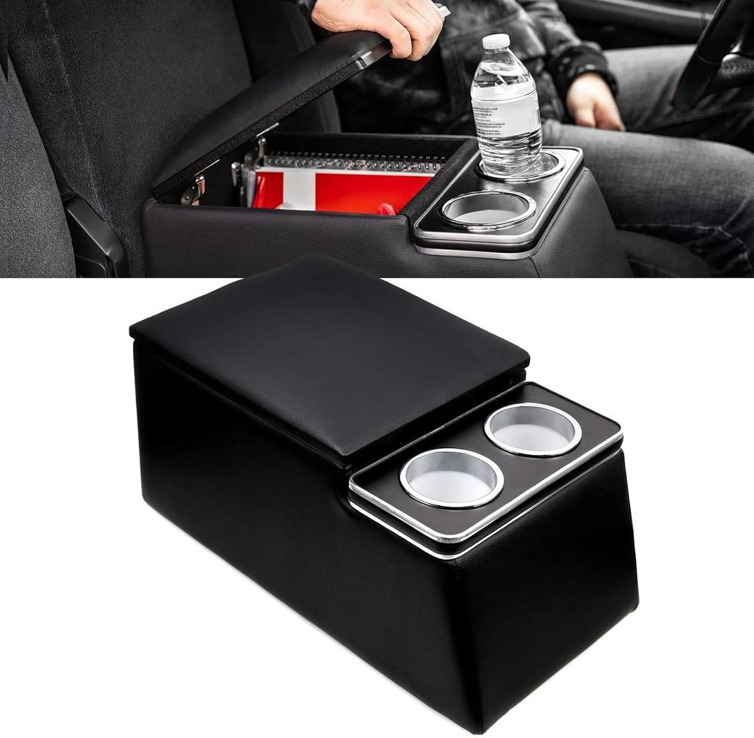 Sporacingrts Black Universal Truck Seat/Bench Organizer with Cup Holders, Armrest, and Padded Top Lid - Ideal for Business and Storage - 124810 Contractor Console