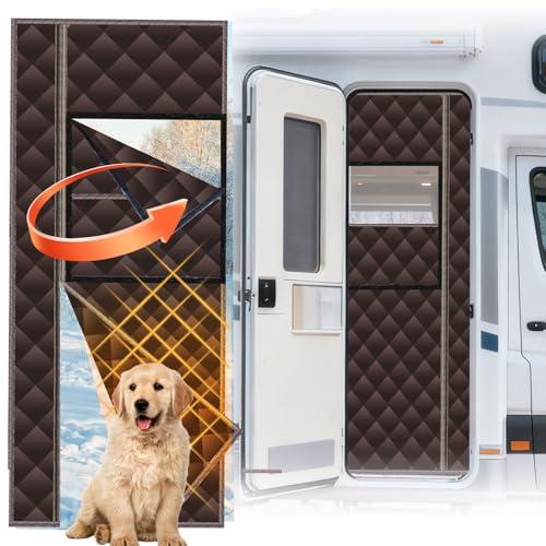 RV Insulated Door Cover, Magnetic RV Door Insulation Curtain for Winter, 33" x 80" Camper Thermal Insulated Door Blanket with Removable Transparent Window for Inside Camper, Travel Trailer, Brown