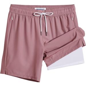 maamgic 2 in 1 Mens Swim Trunks 7 Inch Swim Shorts Swim Suits Board Shorts (Small, White-dust Pink)