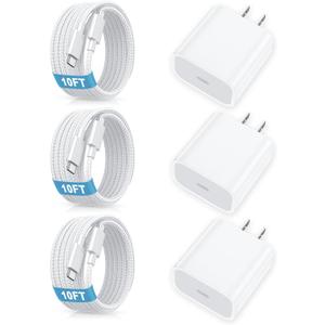 [3 Pack] USB C Charger Block, Fast Charging 20W USB-C Power Adapter Fit for Phone 17/16/15/17 Pro/Pro Max/Plus,i Pad, AirPods，Apple Watch and More，10FT Type C Cords