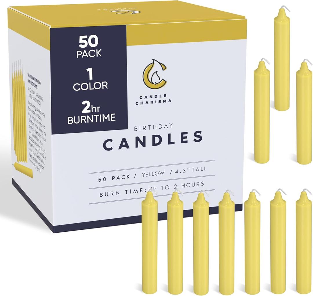 Candle Charisma 50 Yellow Spell Candles - 4" Unscented Paraffin Chime Candles, Smokeless & Dripless, Colored Candles, Long Burn Time 1/2 Inch Taper Candles for Rituals, and Parties