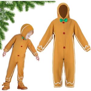 Geyoga Gingerbread Man Costume for Kids Home Clothing Christmas Gingerbread Outfit Bodysuit Hooded Unisex (7-9 Years, Classic)