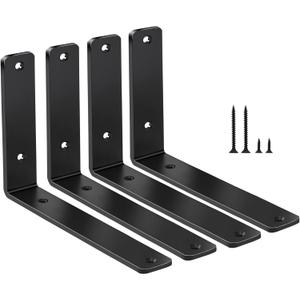 4 Pack - L 6" x H 4" x W1.5, 5mm Thick Black L Shelf Bracket, Iron Shelf Brackets, Metal Shelf Brackets, Floating Shelf, Shelf Supports with Screws
