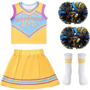 Girls Cheerleader Costume Outfit Halloween Cheer Uniform Dress Up with Accessories (Yellow, XL)