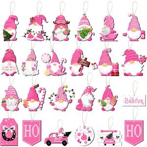 Blosssound 24 Pcs Pink Gnome Ornaments for Christmas Tree Wooden Xmas Hanging Ornaments Wood Santa Decoration for Tree Winter Holiday Craft Gnome Elf Party Supplies Decor