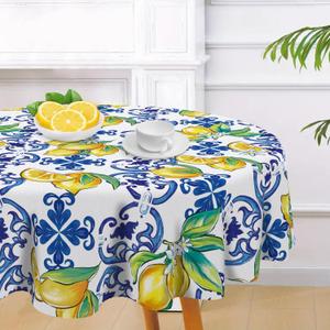 Blue Lemon Italy Tile Pattern Round Tablecloth 60 x 60 Inches, Amalfi Coast Capri Citrus Decorative Dining Table Cloth, Summer Mediterranean Dinner Table Cover Picnic Party Decoration