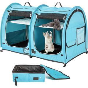 Mispace Portable Twin Compartment Show House Cat Cage/Condo - Easy to Fold & Carry Kennel - Comfy Puppy Home & Dog Travel Crate with Portable Carry Bag/Two Hammocks/Mats and Collapsible Litter Box
