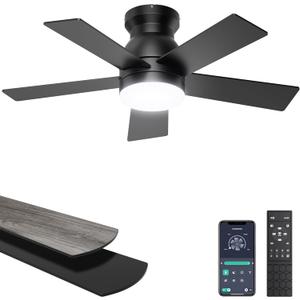 Ohniyou Ceiling Fans with Lights, 32 Inch Low Profile Ceiling Fan with Light and Remote/APP Control, Flush Mount, Dimmable, Qiuet DC Motor, Black Small Indoor Ceiling Fan for Bedroom, Kitchen