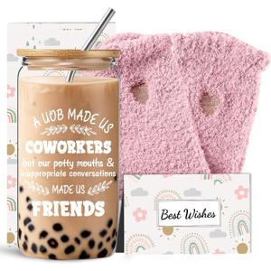 DHQH Funny Coworker Gifts for Women, Farewell Friendship Gifts for Friends, Birthday Present Set with 16 Oz Glass Cup Socks, Christmas Thank You Gift for Her