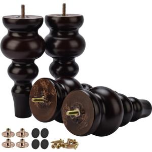 Btowin 4 Pack Large Walnut Turned Wood Furniture Legs with M8 Threaded Hanging Bolts, Mounting Plate and Screws for Sofa, Ottoman, TV Cabinet, Bed
