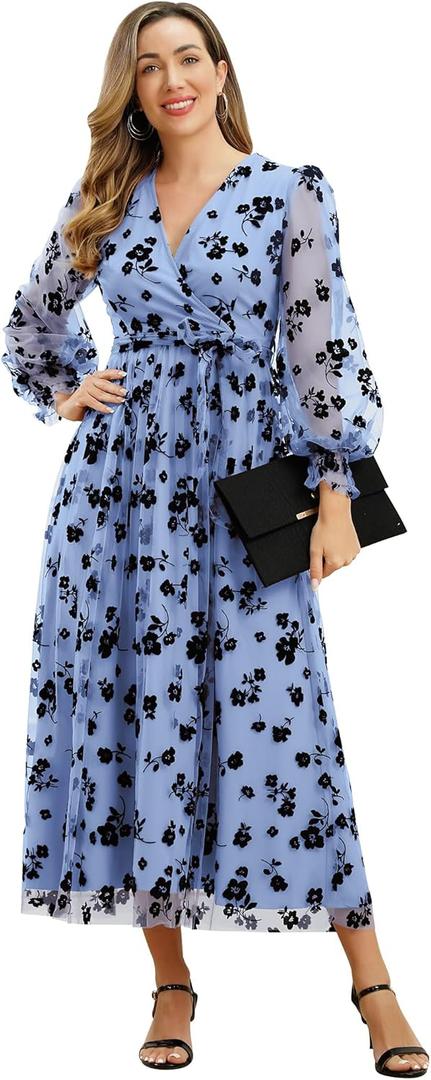 Women Floral Embroidered Maxi Dress Long Puff Sleeve Tulle Prom Dresses Belt V Neck Lantern Long Sleeve Homecoming Dresses (Medium, Blue)