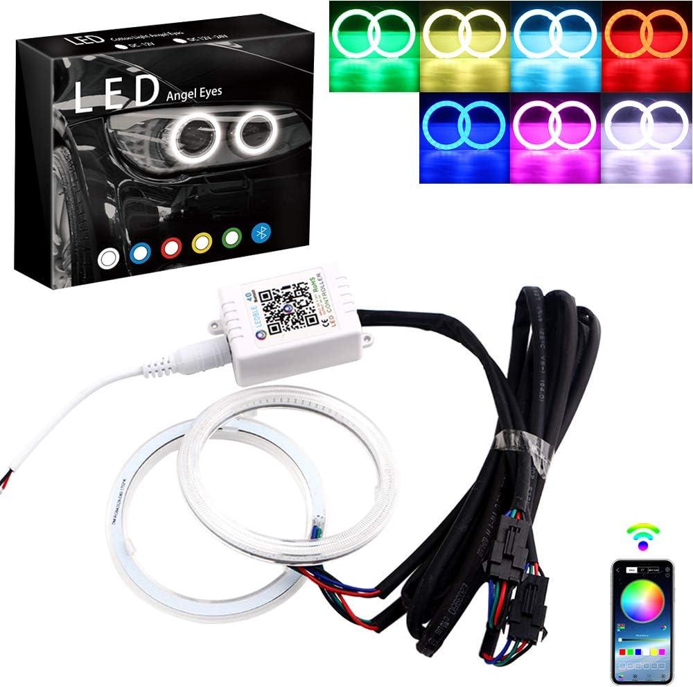 GrandviewTM 1-set 70MM Multi-Color RGB LED Halo Rings Light COB 72SMD Smart Phone iOS Android App Bluetooth Control Car Angel Eyes Circle Ring Headlight Lamp Daytime Running Lights(DRL)12V