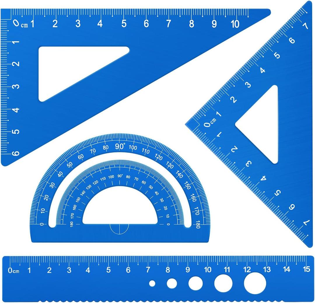 Honagu Triangular Ruler Set, 4 Pieces Aluminum Alloy Ruler, Metal Drafting Ruler, Geometric Protractor for Students, Draftsmen, Engineers, School Office Supplies (Sky Blue)