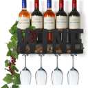 Wall Mounted Metal Wine Rack - Wine Rack Wall Mount Wine Bottle Holder 4 Long Stem Glass Holder & Wine Cork Storage Wine