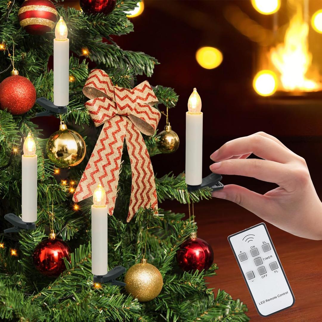 10 PCS Flameless LED Taper Candles Battery Operated Christmas Tree Candle LightsClip on Electric Fake Candles with Remote Timer for Christmas Holiday Home Garden Wedding Parties Birthday Decor