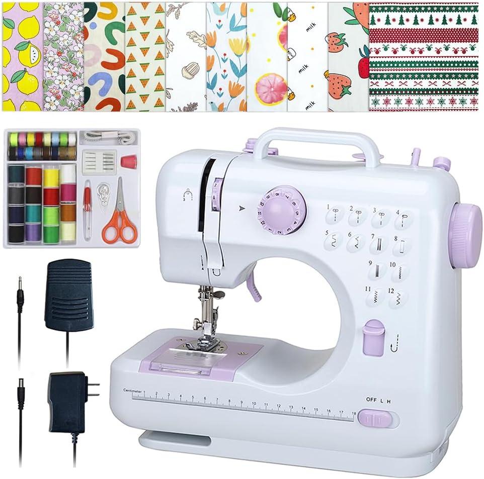 Sewing Machine for Beginners,Portable Sewing Machine with 12 Built-in Stitches,2 Speed(High-Low Speeds),2 Power Supply Method,20 Pcs Fabric and 32 Pcs Sewing Threads Kit,- (White and Purple)