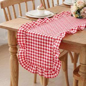 HunnmingRe 1 Pcs Red Plaid Gingham Ruffle Table Runner 118 x 13.8'' Farmhouse Table Runner 100% Cotton Scalloped Long Dresser Scarves for Mothers Day, Dining Room, Wedding, Kitchen Rustic Home Decor