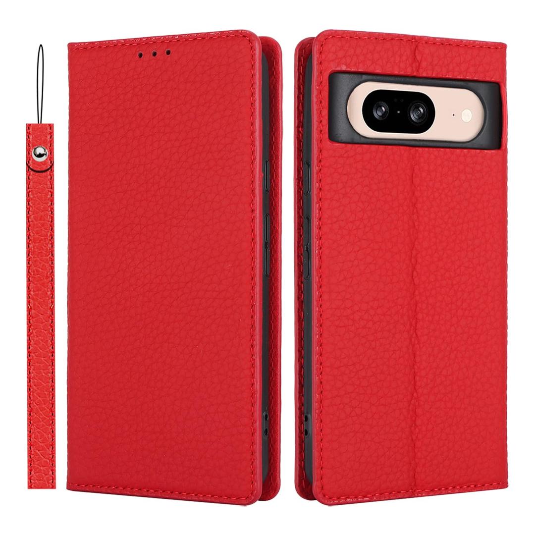 for Google Pixel 8 Wallet Case Genuine Leather with Card Holder Flip Folio Phone Cover with Credit Card Slots-Red