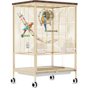 31-Inch Metal Bird Cage with Solid Wood Top Parakeet Cage on Wheels, Slide-Out Tray, Water Bottle & Feeder - Suitable for Parrot, Cockatiel, Lovebird, Finch, Pigeon