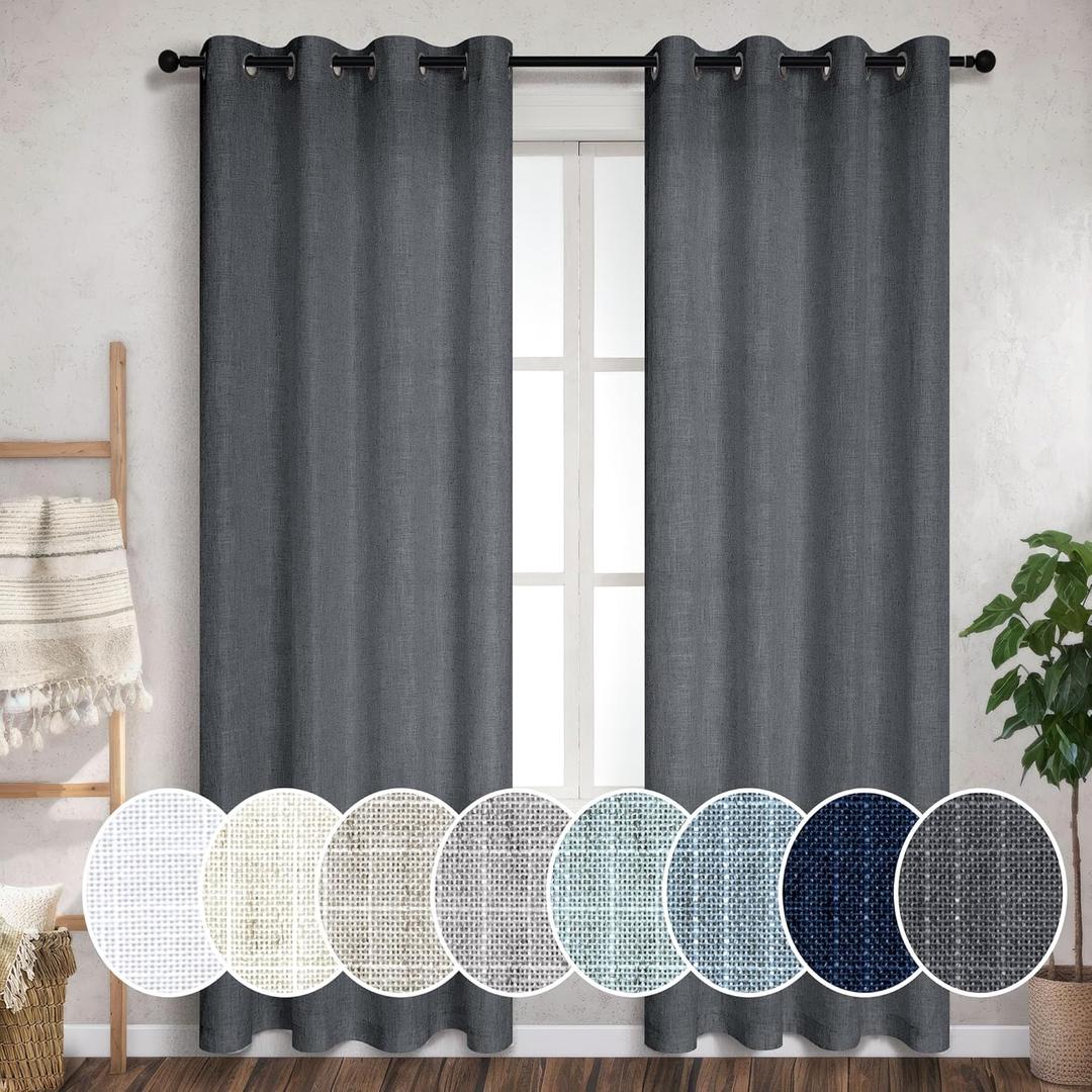Dark Grey Curtains 84 Inch Length for Living Room 2 Panels Set Grommet Charcoal Gray Black Sheer Linen Modern Farmhouse Curtain That Let Light in Cotton Textured Drape for Bedroom 7FT Long 52x84