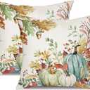 DFXSZ Fall Pillow Covers 18x18 inch Set of 2 Green Watercolor Pumpkin Fallen Leaves Decorative Throw Pillow Covers Autumn Thanksgiving Farmhouse Decoration for Home Couch TH27-F18