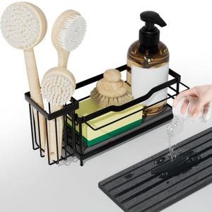 Sponge Holder for Kitchen Sink,Sink Caddy Organizer With Stone Drying Tray, Stainless Steel Kitchen Countertop Organizer for Sponge Soap Dispenser Black