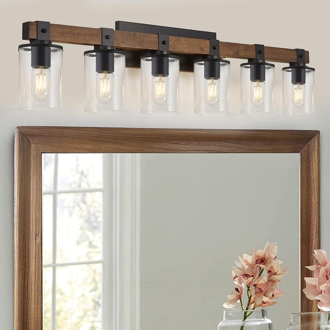 DUJAHMLAND 6-Light Wood Vanity Light,40.5 inch Farmhouse Bathroom Metal Wall Sconce with Cylinder Clear Glass Shade,Industrial Wall Light Fixtures for Hallway,Kitchen,Bedroom(Wood, 6-Light) (Antique wood)