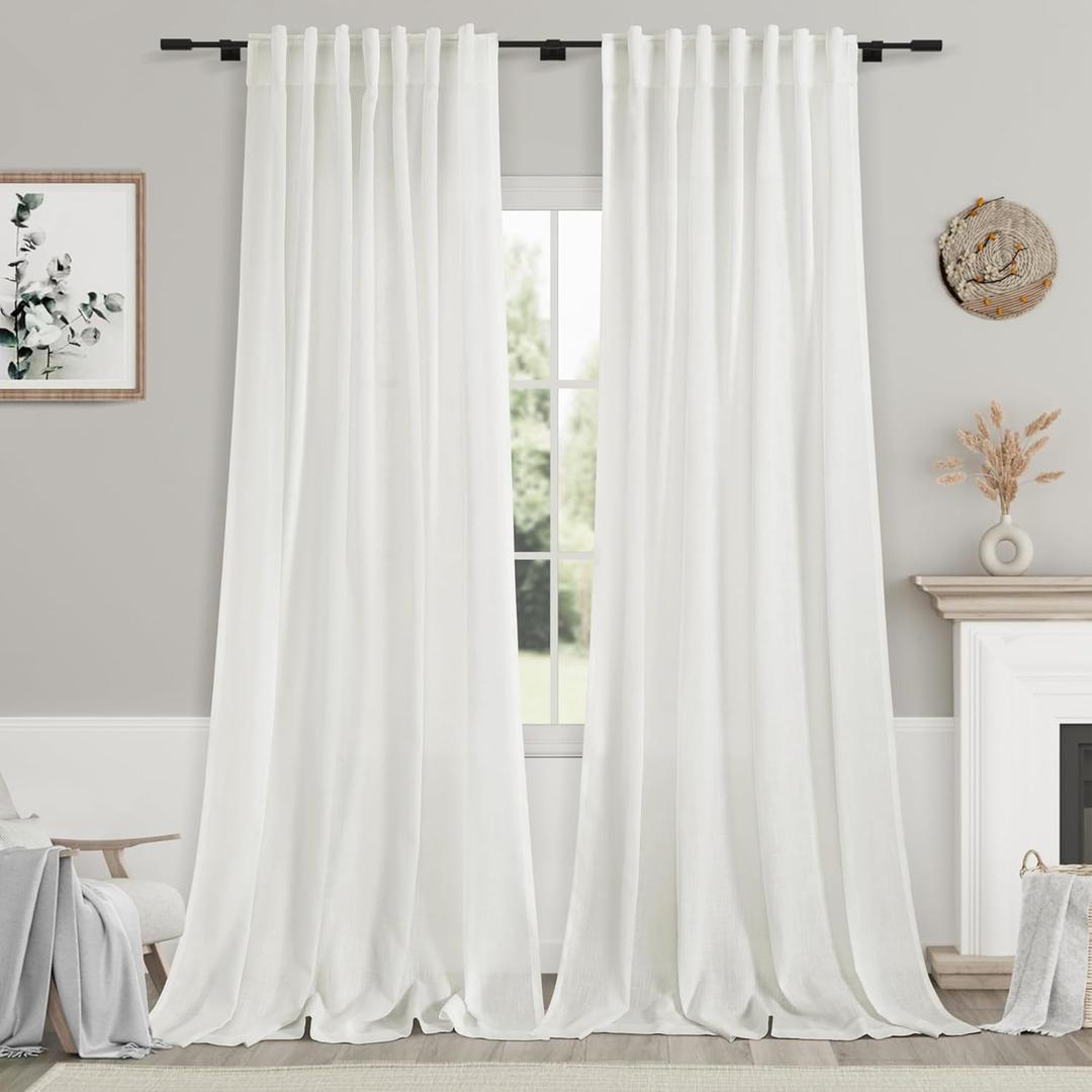 Semi Sheer Linen Curtains 90 Inches Long for Living Room 2 Panels Set Back Tab Pocket Ivory White Tall Vertical Curtains Luxury Light Filter Privacy Curtain Drapes for Bedroom Aesthetic 52X90