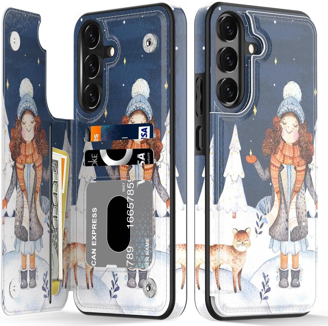 LETO for Samsung Galaxy A15 5G Wallet Case - Flip Folio Leather Kickstand - Credit Card Holder - Fashionable Flower Designs - Protective Phone Cover for Women and Girls - 6.5" - A Girl and Cat