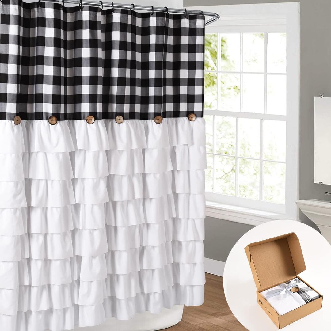 Farmhouse Ruffle Shower Curtain with Handmade Vintage Buttons, Country Buffalo Plaid Fabric Black and White Shower Curtains for Master Bathroom, Bathroom Decor Shower Curtain with 12 Holes,72" x 72"