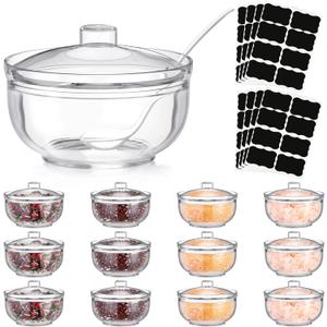 Tioncy 12 Pieces Acrylic Sugar Containers for Countertop, 4 oz Clear Acrylic Sugar Bowl with Lid and Spoon with Tag, Sugar Holder Dispenser Salt Jar for Serving Condiment Candy Coffee Tea Spices Herbs