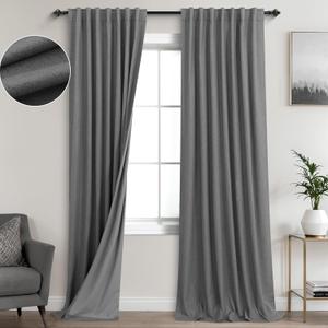 KOUFALL 52x100 Inches Long Grey Back Tab Linen Blackout Curtains for Living Room 2 Panel