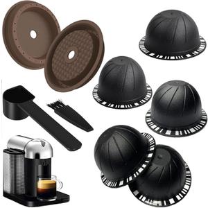5PCS Reusable Coffee Vertuo Pods, Refillable Coffee Capsule,Compatible with Nespresso Vertuo Coffee Machine, with 2 Pcs Reusable Coffee Capsule Lid, Spoon and Brush (Black -230ML)