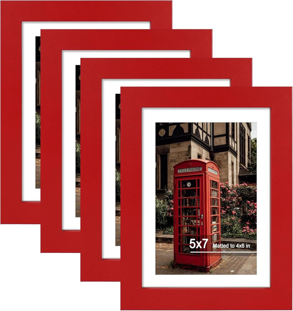 5x7 Picture Frame Set of 4, High Definition Real Glass, Display Pictures 4x6 with Mat or 5x7 Without Mat, Gallery Wall Hanging or Tabletop Photo Frames, Red