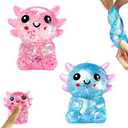 2PCS Glitter Axolotl Squishy, Slow Rising Squeeze Toy, Cute Axolotl Fidget Toy for Stress Relief, Calming Sensory Toy for Kids Adults, Party Favor Gifts (Blue+Pink)