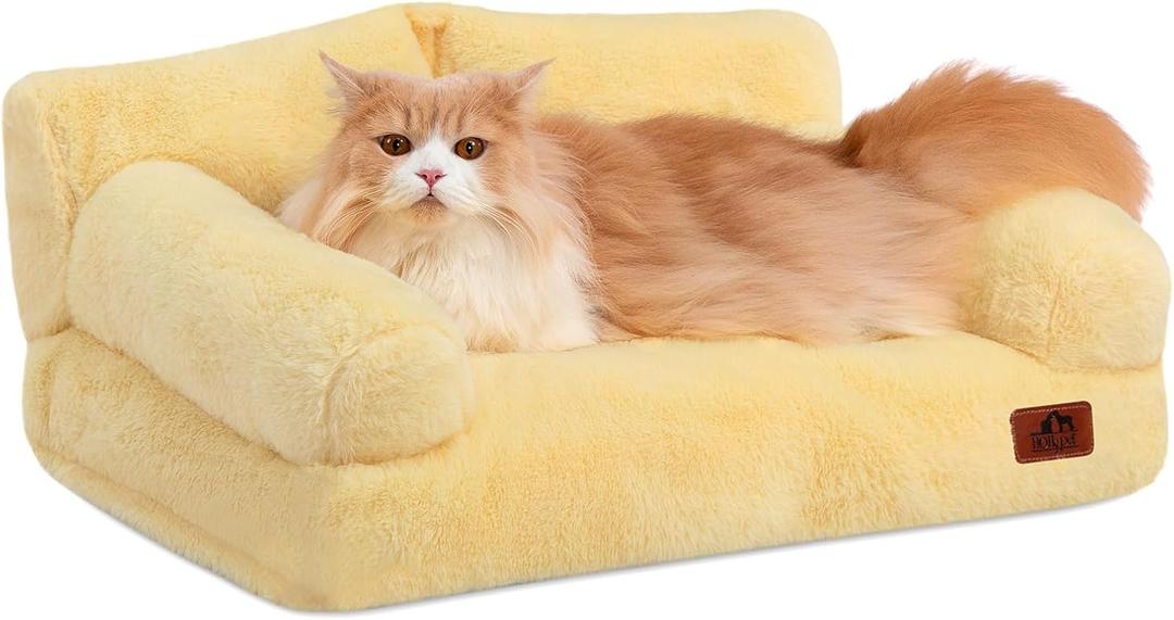 Hollypet Fluffy Dog Cat Bed Pet Couch Beds Plush Soft Warming Washable Puppy Bed for Small Medium Dogs and Large Cats, Yellow, 24" L x 18" W x 10" Th