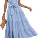 dowerme Ladies Dress 2025 Ruffle Cap Sleeve Button Down V Neck Tie Waist Plain Pleated Tiered Boho Flowy A-Line Dresses(Sky Blue, Small)