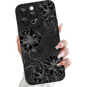 OOK Compatible with iPhone 14 Pro Max 6.7inch Case, Silicone Floral Flower Cute Pattern, Camera Protection Soft Slim Phone Cover for Girls Women -Black Flowers