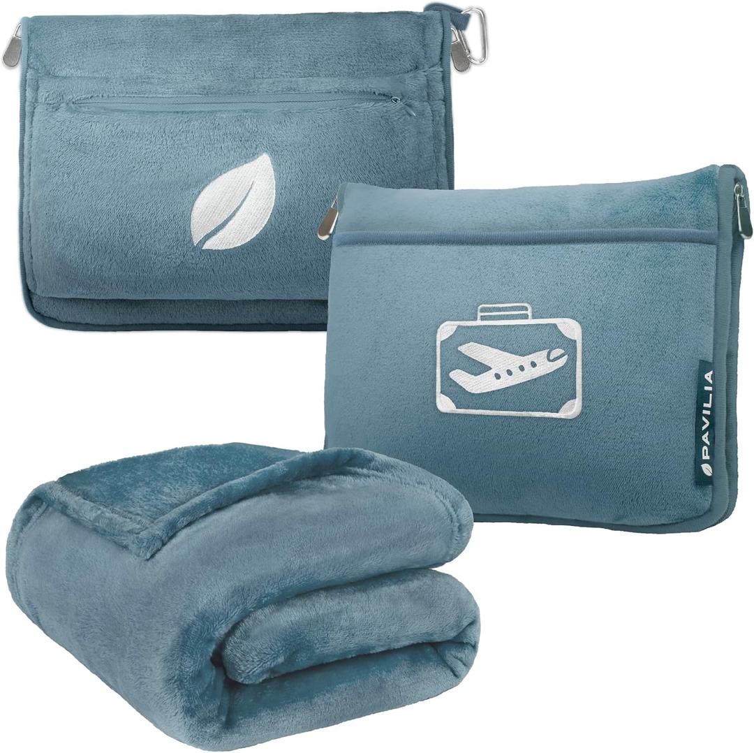 PAVILIA Travel Blanket Pillow in Soft Bag with Pockets, Airplane Blanket Set, Plane Blanket Compact Packable, Flight Essentials Car Pillow, Travelers Accessories Gifts, Luggage Strap, Dusty Light Blue (65 x 40 inches)