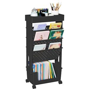 5 Tier Rolling Utility Cart Multi-Functional Movable Storage Book Shelves with Lockable Casters for Study Office Kitchen Classroom, Black