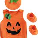 Lamuusaa Newborn Baby Girls Boys Halloween Costumes Sleeveless Pumpkin Romper Bodysuit Hat Socks Halloween Outfits 0-3Y