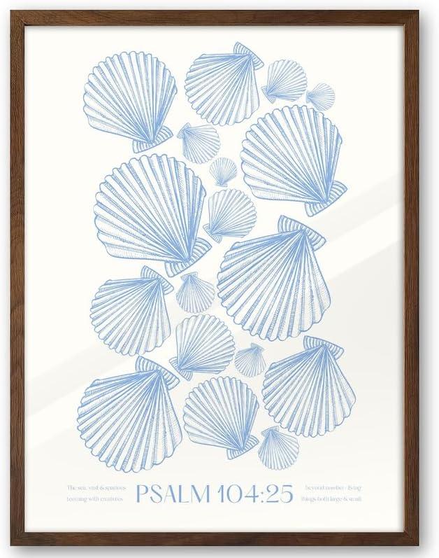 EcoHest Modern Christian Ocean Waves Framed Wall Art, 12x16 in Walnut Color OAK Wood Christian Psalm 107:29 Canvas Wall Art, Beige Logs Storm Home Decor Set of 1 for Bedroom Living Room