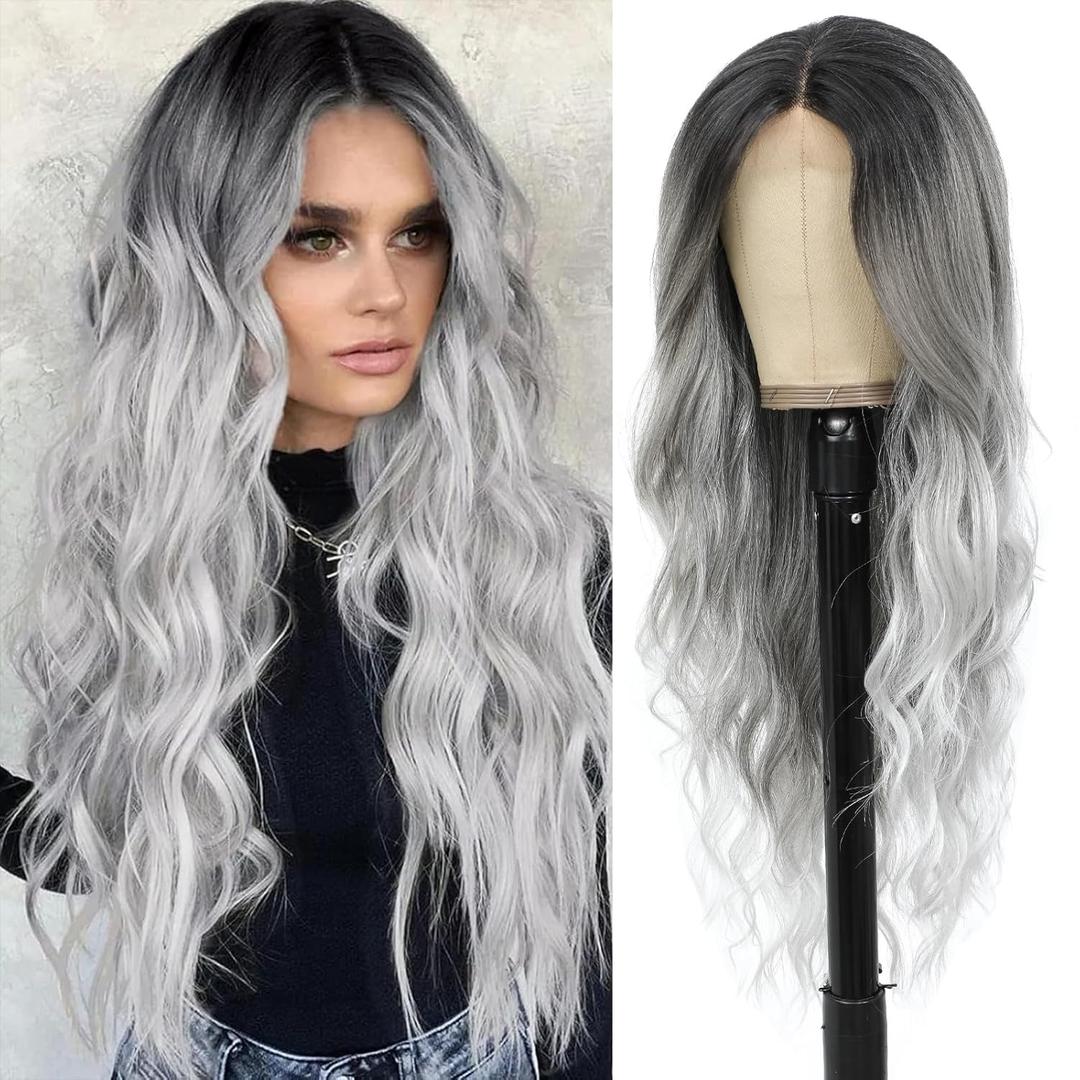 Long Grey Wavy Wig for Women 26 Inch Ombre Grey Middle Part Curly Synthetic Hair Wig Natural Look Heat Resistant Fiber for Daily Party Use