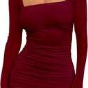 BORIFLORS Women's Sexy Ruched Bodycon Mini Dress Mesh Long Sleeve Club Party Short Dresses (Wine Red, Small)