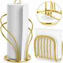 Paper Towel Holder Countertop, Stainless Steel Paper Towel Roll Holder and Paper Napkinholder Set, Standing Paper Towel Roll Holder Stand with Weighted Base Suction Cups (Gold)
